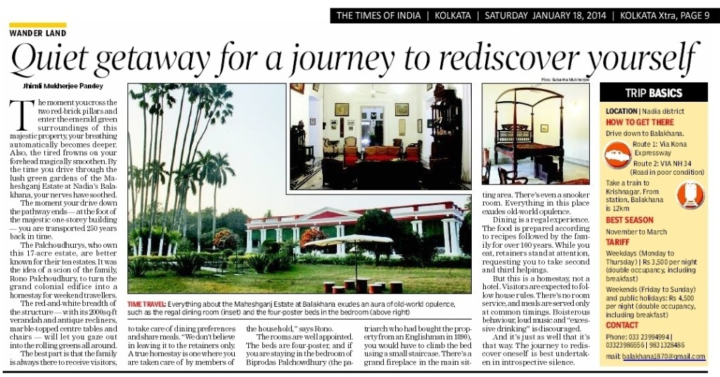 Times Of India, Saturday 18th January 2014. Kolkata edition